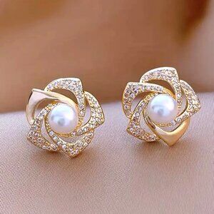 Earrings Pearl Rhinestone Flower Gold Simple Trendy Sparkle Bride Minimalist NEW